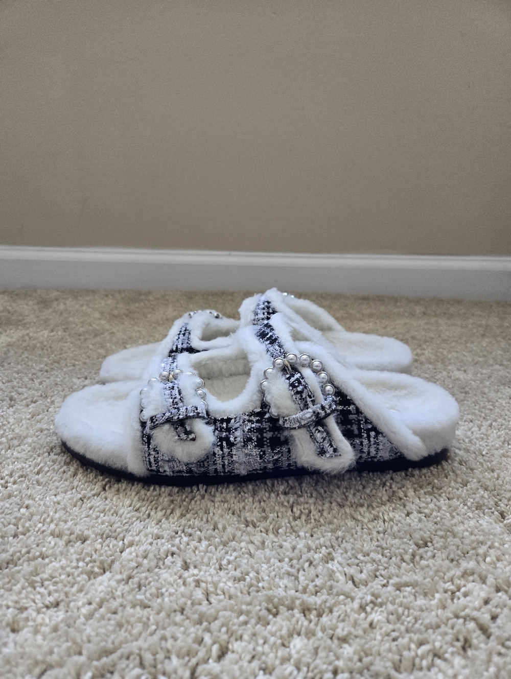 Stuart Weitzman Piper Chill Slide Sandals Womens 8.5 Gray Plaid Tweed